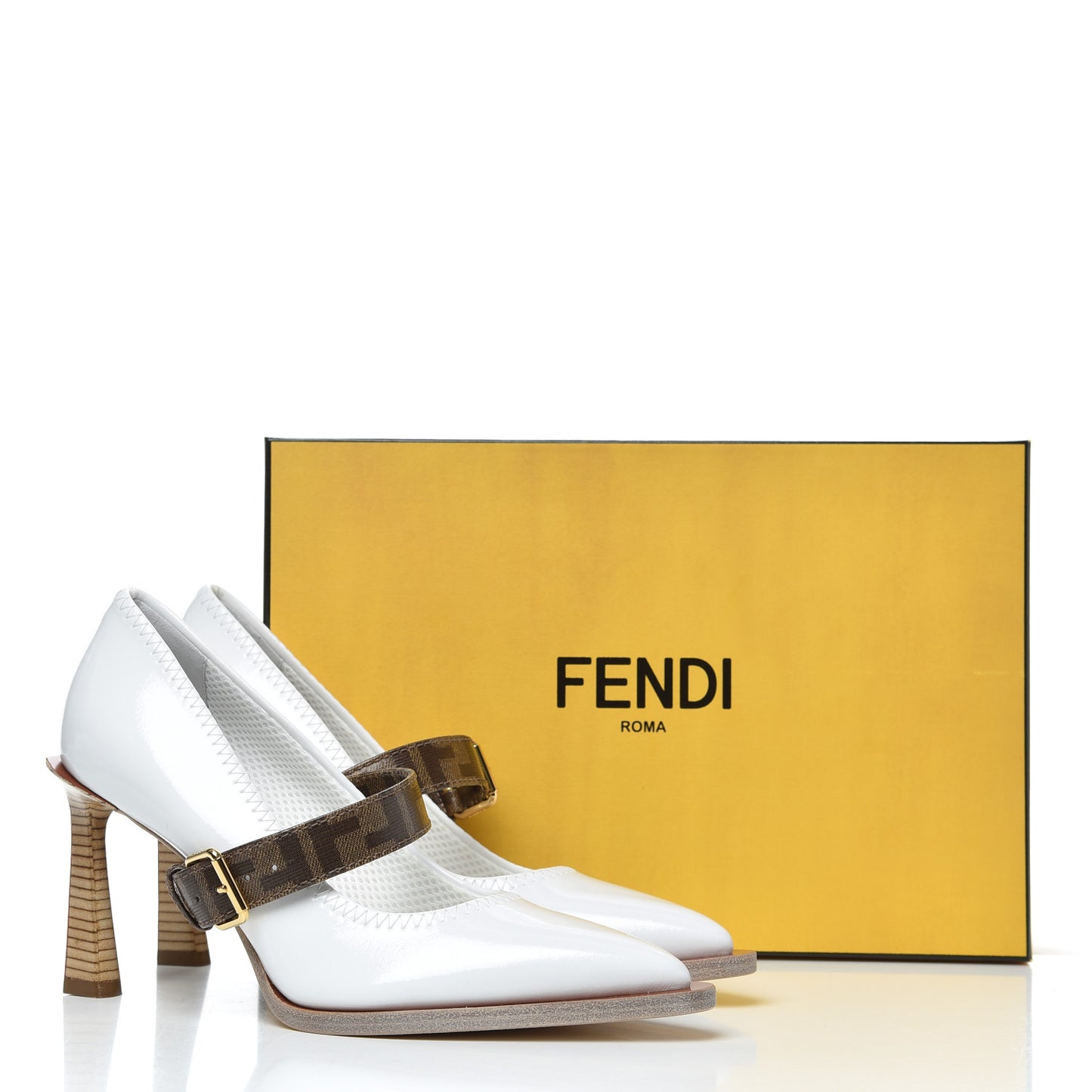 Glossy Neoprene Glazed Fabric FF FFrame Court Mary Jane Pumps 37.5 White Tobacco Moro