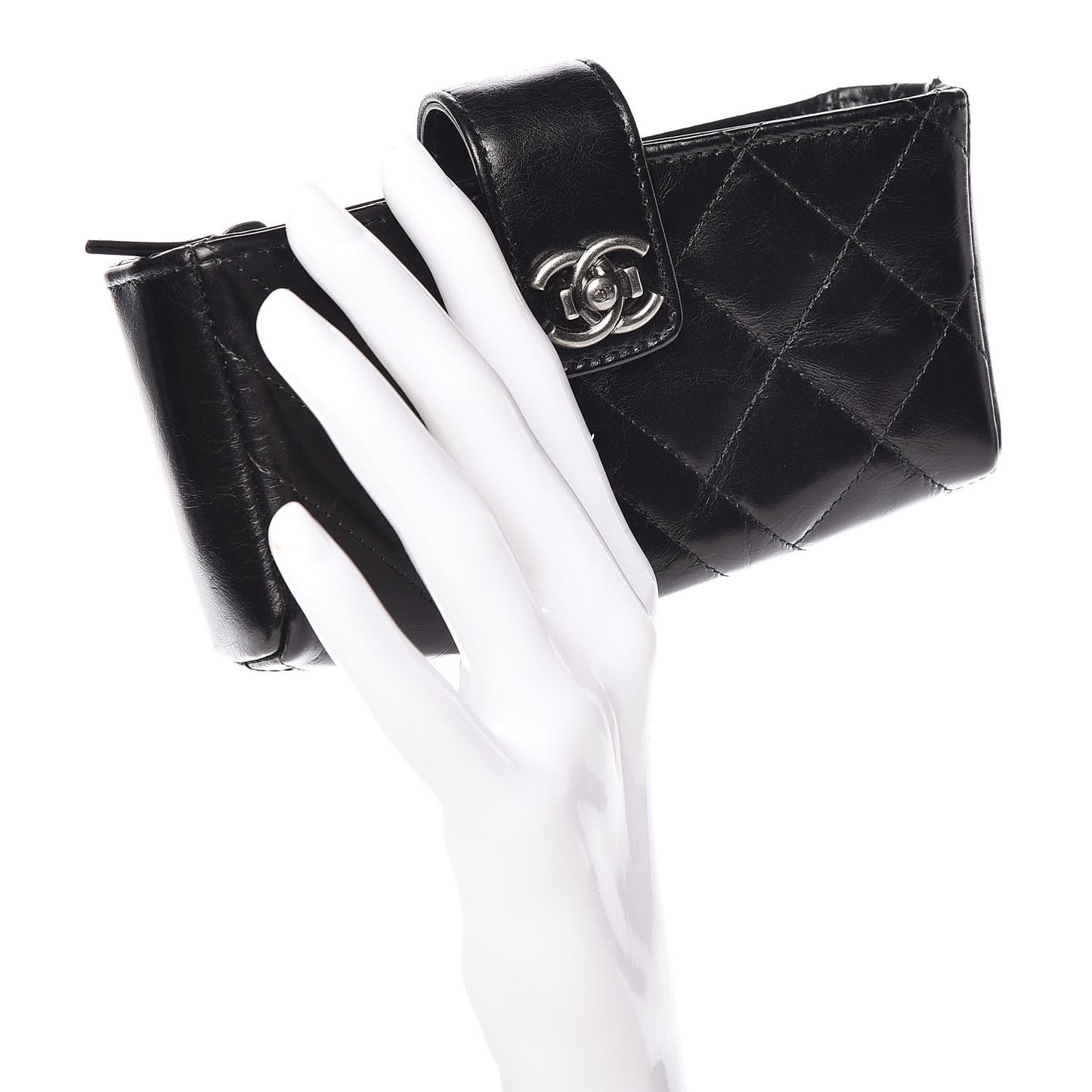 Glazed Calfskin Quilted Mini Phone Holder Clutch Black
