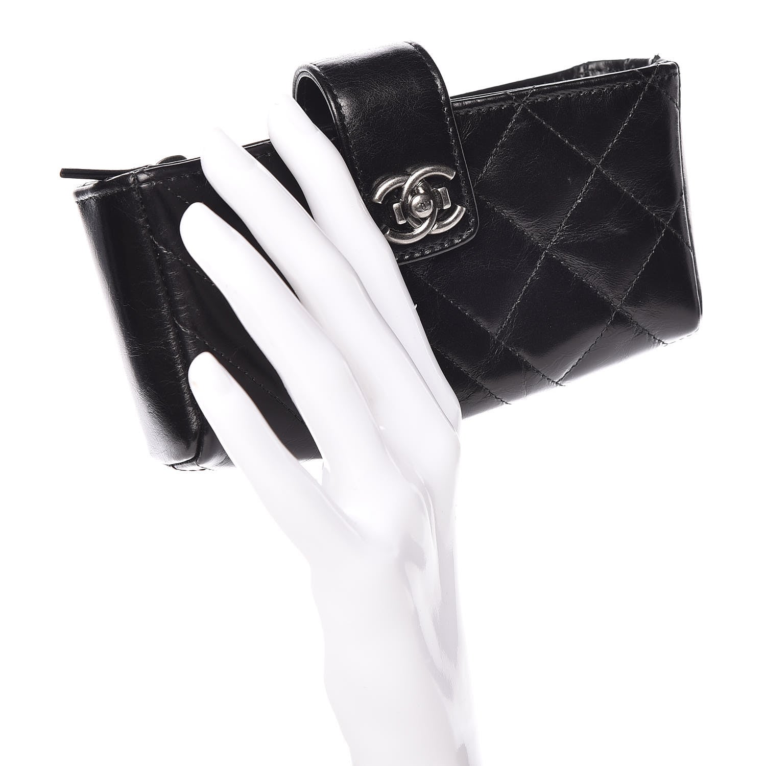 Chanel Glazed Calfskin Quilted Mini Phone Holder Clutch Black 2 of 9