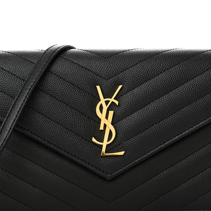 Saint Laurent Grain De Poudre Matelasse Chevron Monogram Envelope Chain Wallet Black 8 of 13