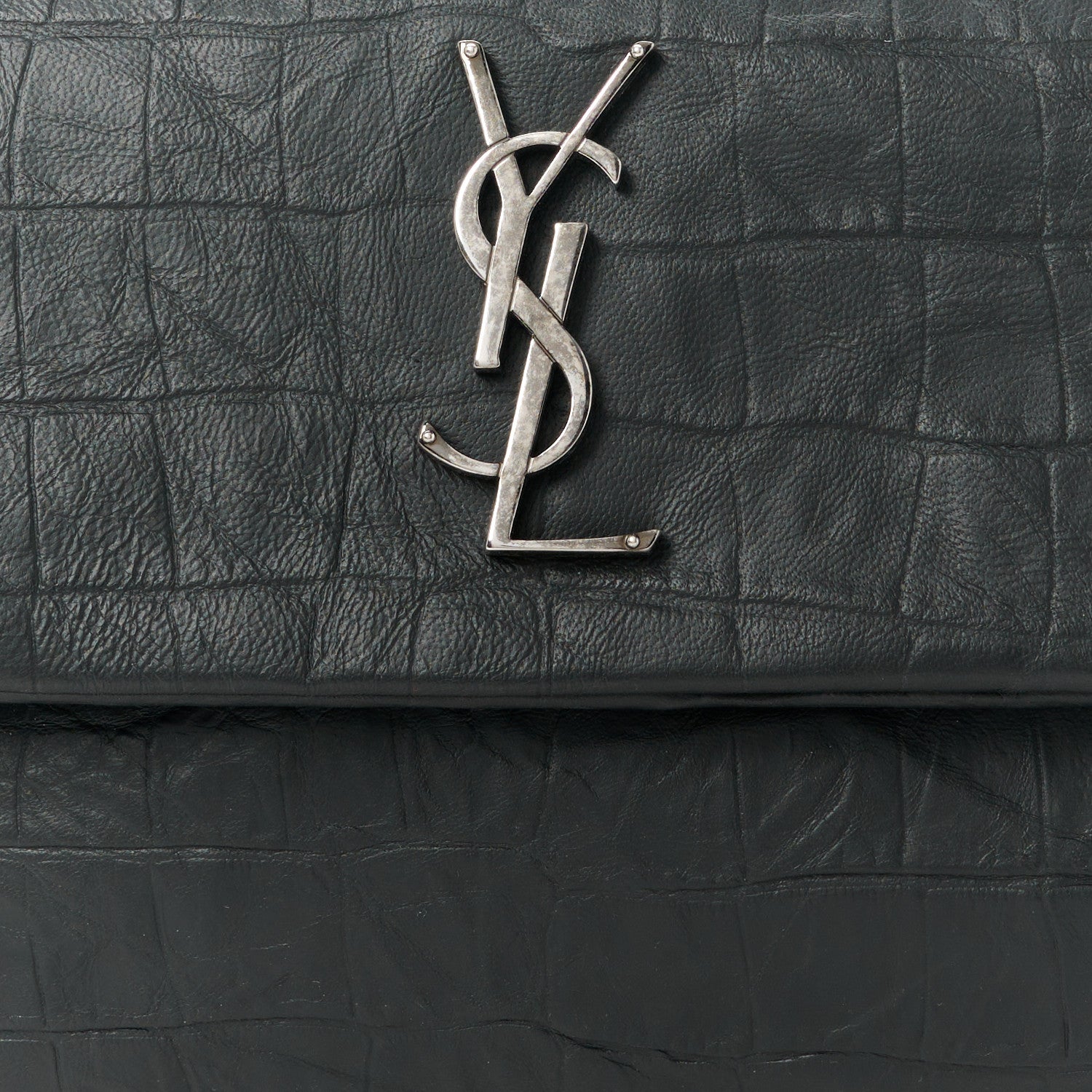 Saint Laurent Calfskin Crocodile Embossed Medium West Hollywood Monogram Fold-Over Black 9 of 11