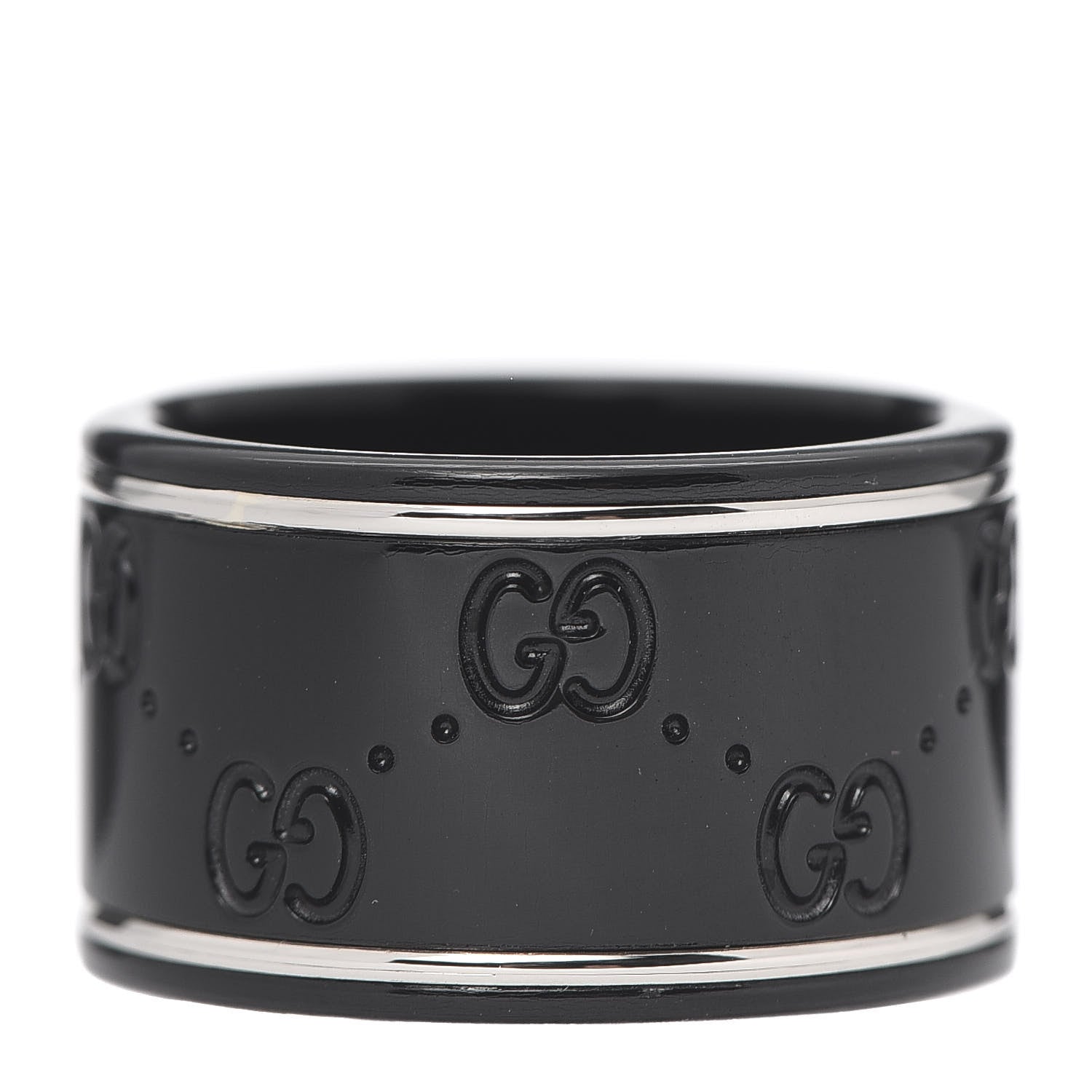 Gucci Black Synthetic Corundum 18K White Gold 12mm Icon Band Ring 53 6.25 1 of 5