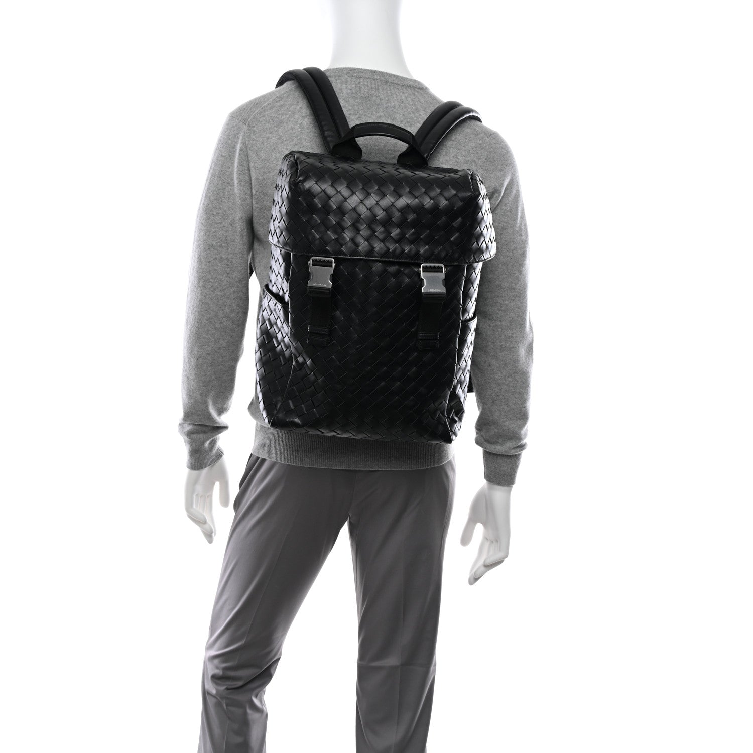 Bottega Veneta Calfskin Intrecciato Flap Backpack Black 2 of 13