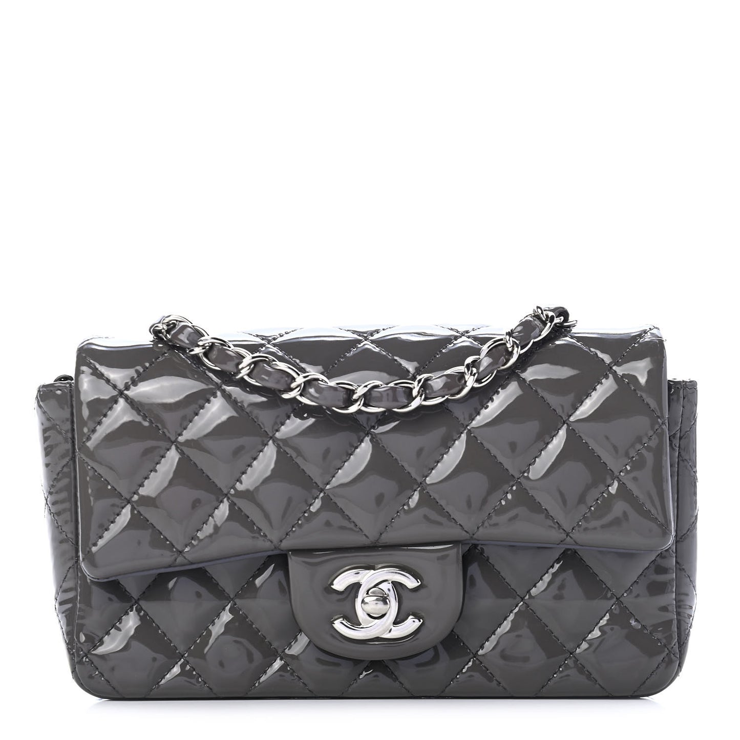 Patent Calfskin Quilted Mini Rectangular Flap Grey