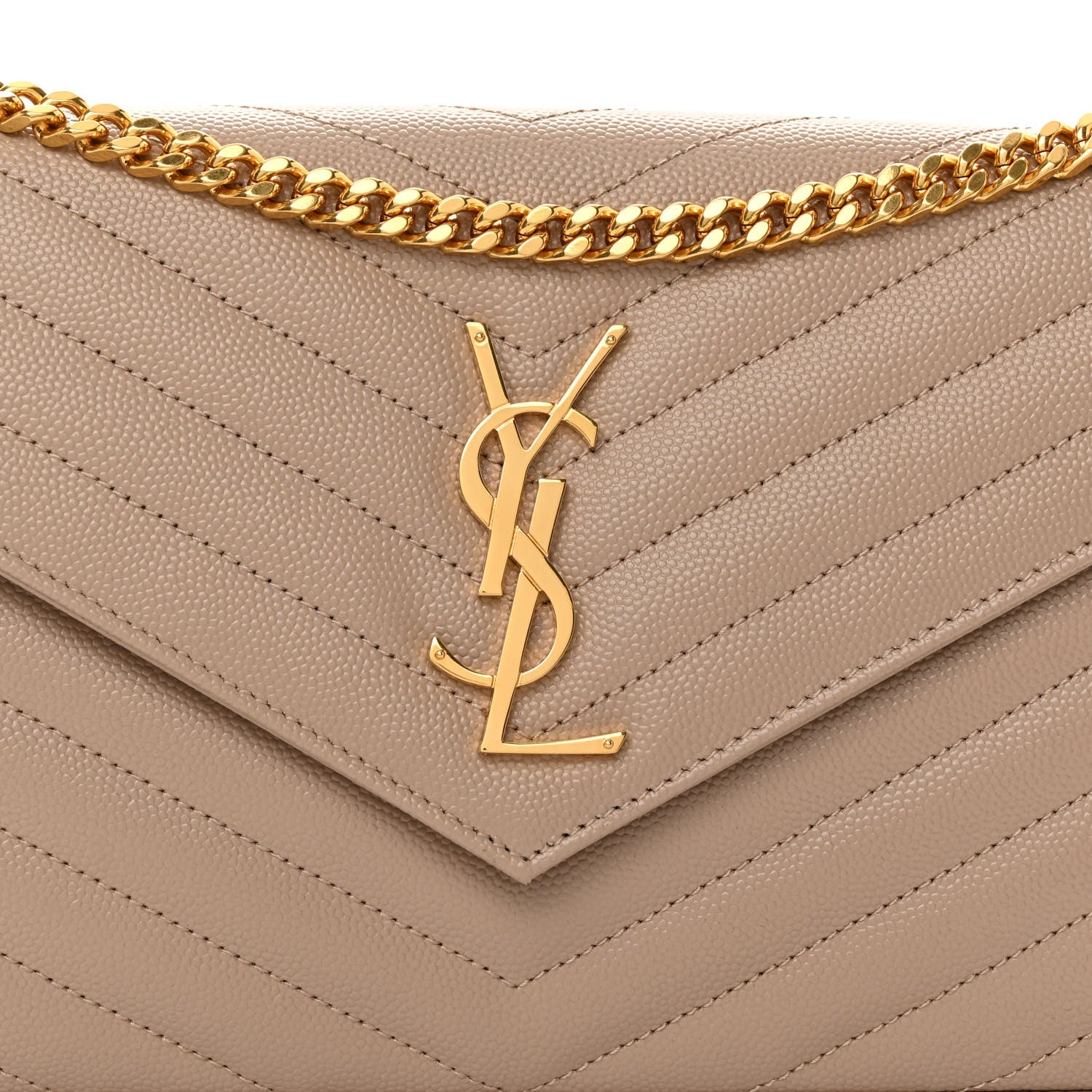 Saint Laurent Grain De Poudre Matelasse Chevron Monogram Chain Wallet Dark Beige 7 of 9