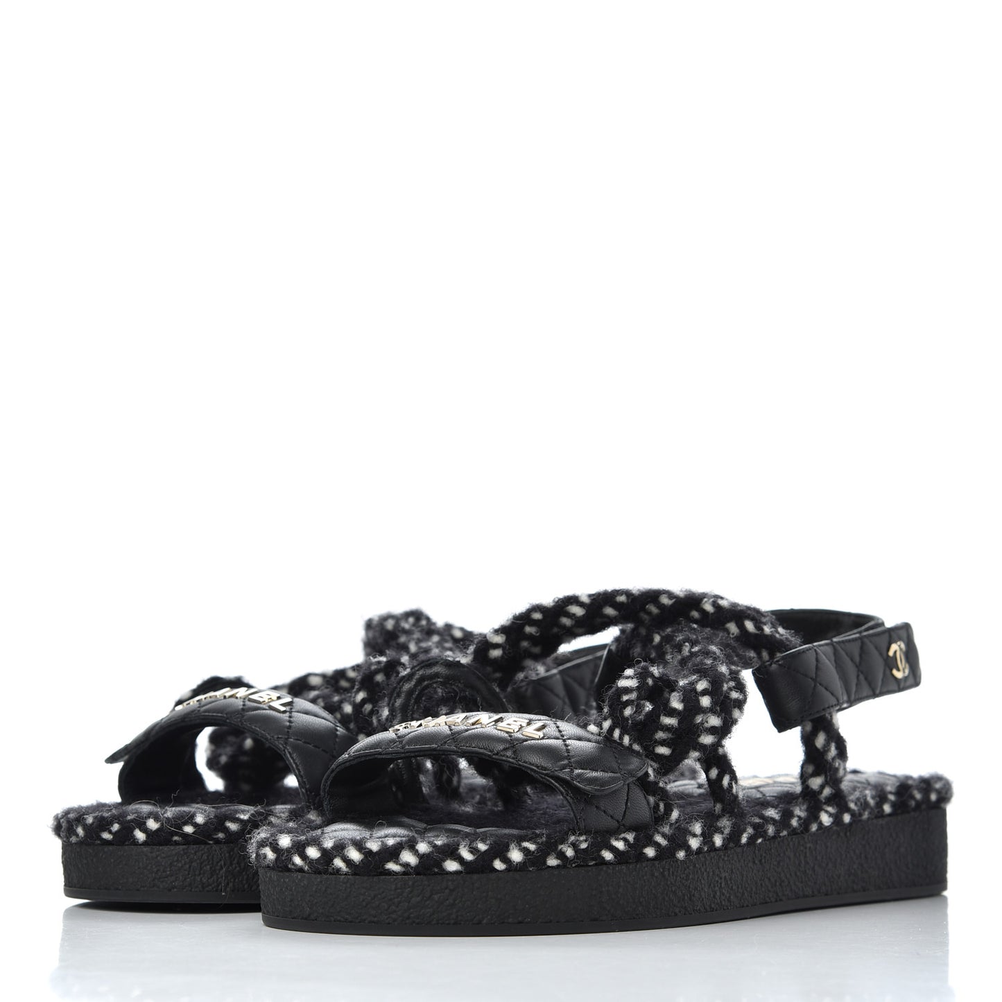 Cord Lambskin Quilted Logo Sandals 39 Black White