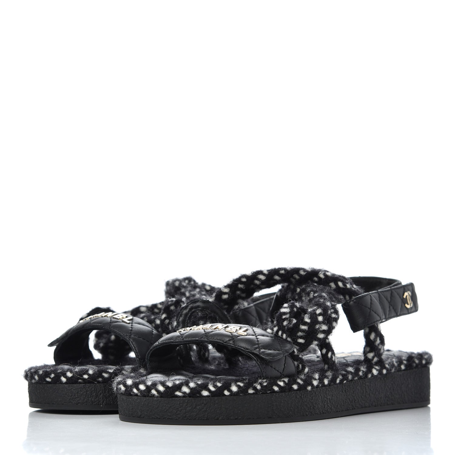 Chanel Cord Lambskin Quilted Logo Sandals 39 Black White 3 of 10