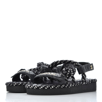 Chanel Cord Lambskin Quilted Logo Sandals 39 Black White 3 of 10