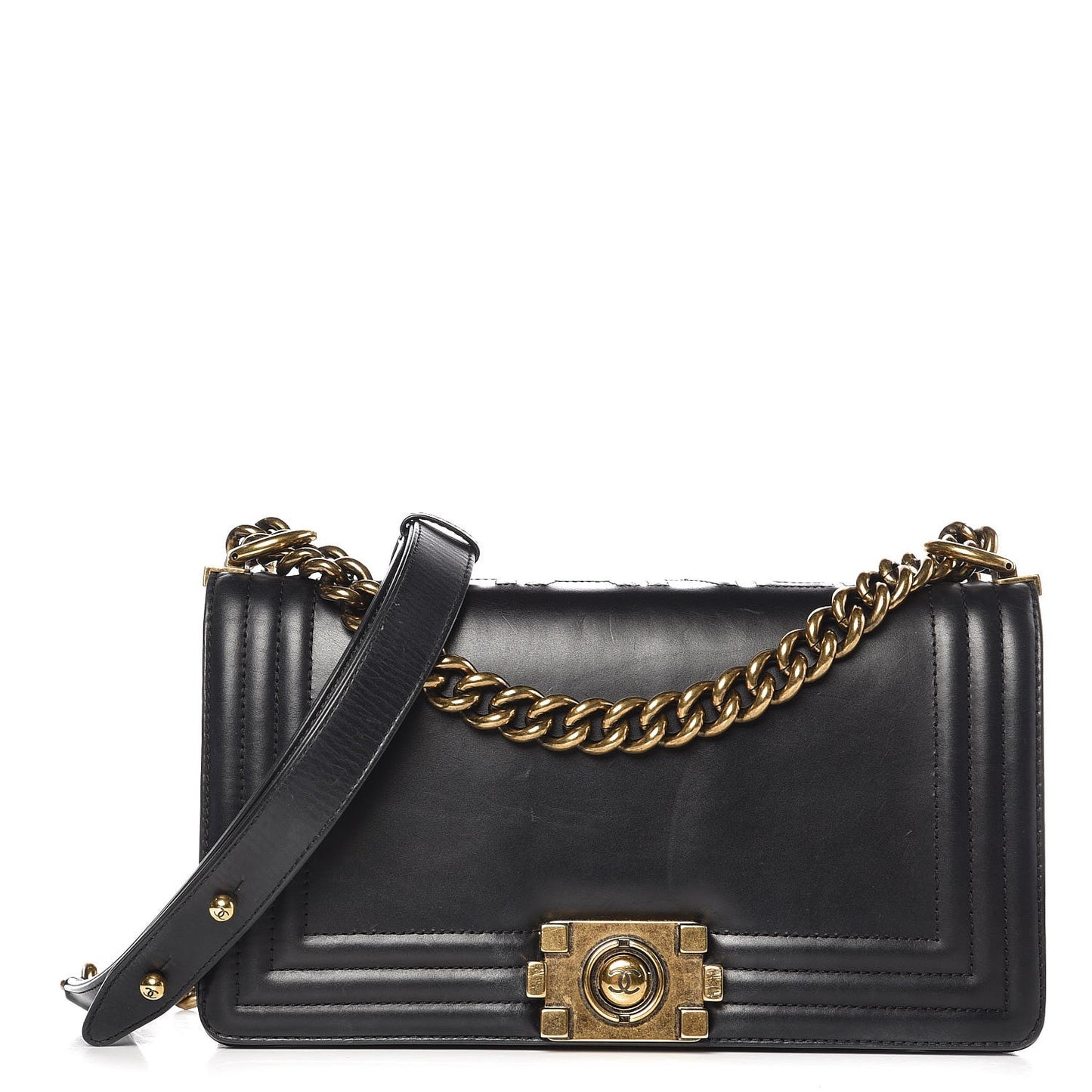Glazed Calfskin Medium Boy Flap Black