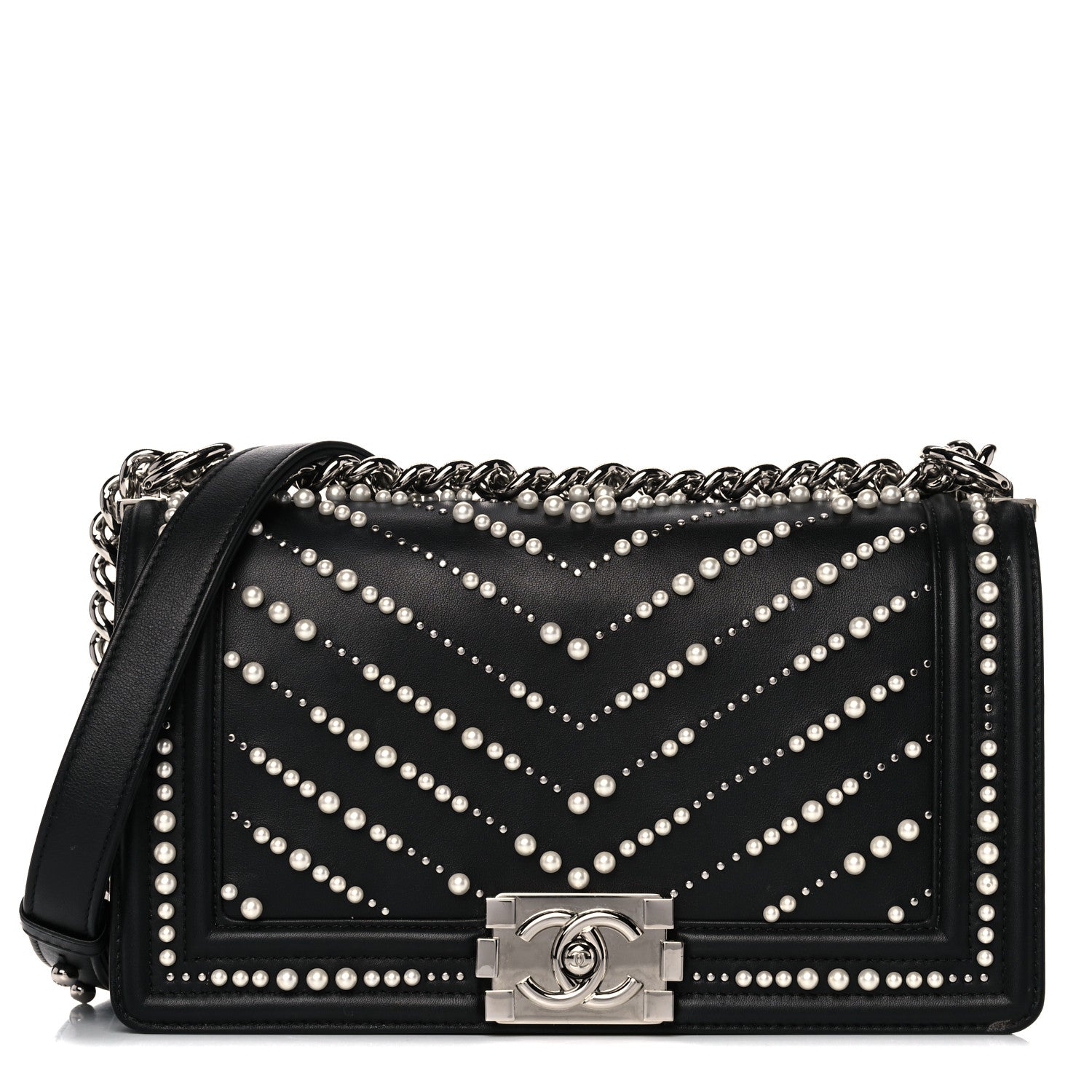 Chanel Calfskin Pearl Chevron Medium Boy Flap Black 1 of 18