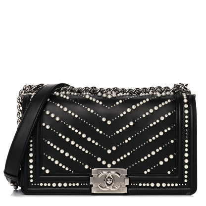 Chanel Calfskin Pearl Chevron Medium Boy Flap Black 1 of 18