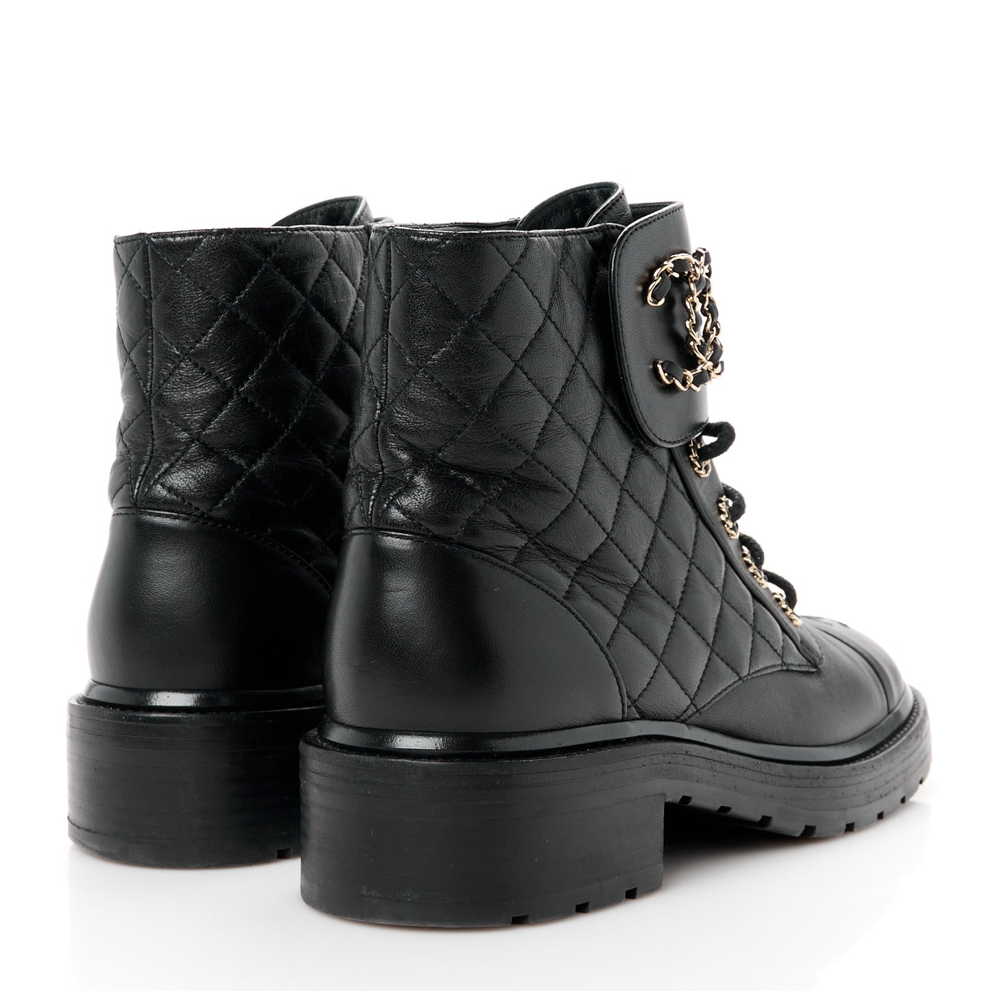 Shiny Lambskin Quilted Lace Up Combat Boots 39.5 Black