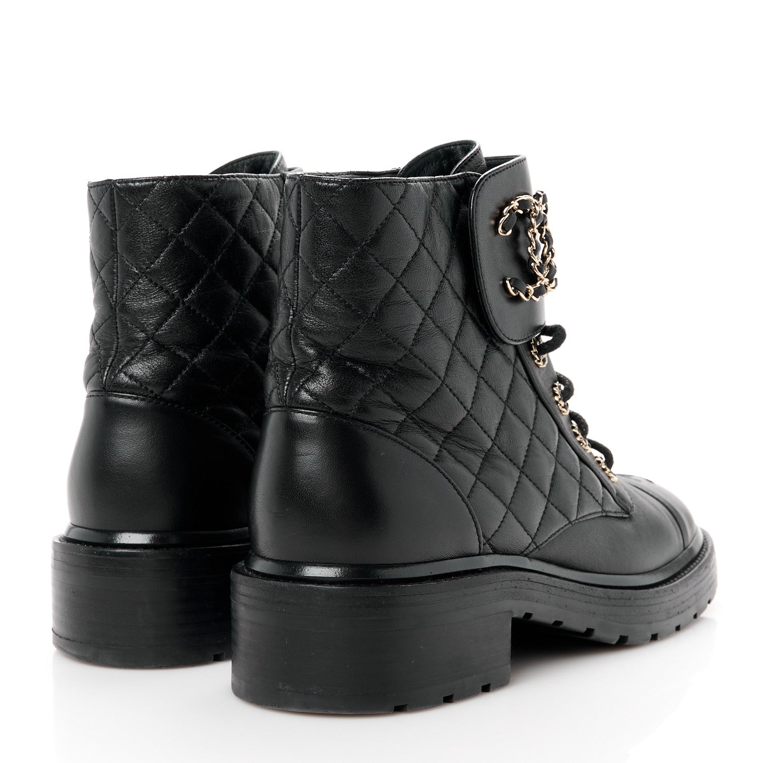 Chanel Shiny Lambskin Quilted Lace Up Combat Boots 39.5 Black 4 of 11