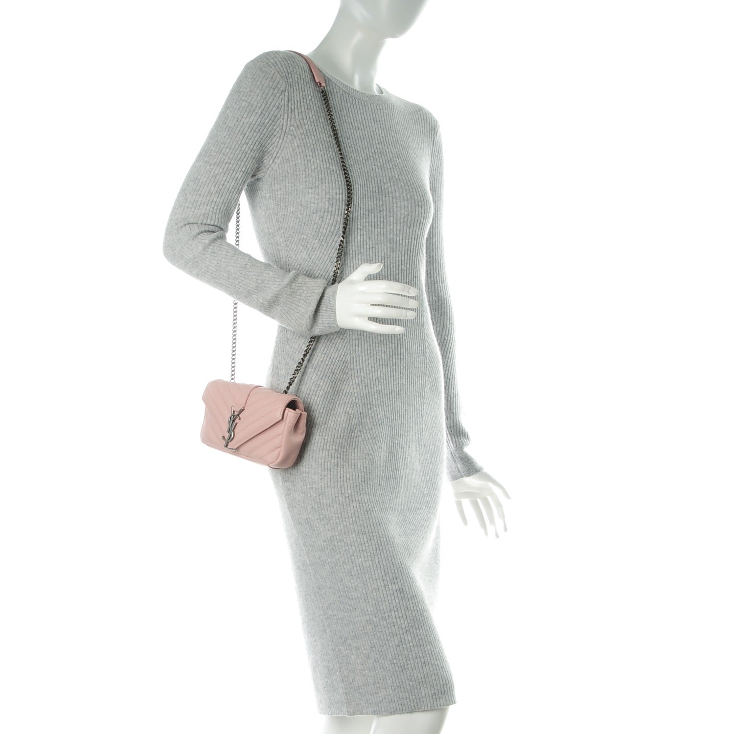 Saint Laurent Grained Calfskin Matelassé Chevron Monogram Classic Baby Chain Bag Pale Pink 2 of 7
