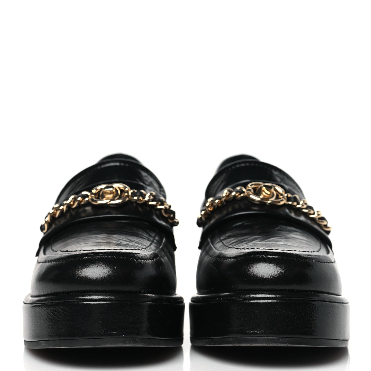 Chanel Shiny Calfskin Logo Loafers 37.5 Black 2 of 9