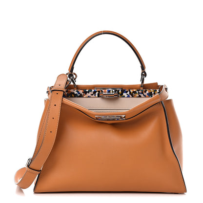 Fendi Vitello Seta Shiny Nappa Plexiglass Granite Medium Peekaboo Iconic Satchel Ginger Latte 1 of 14