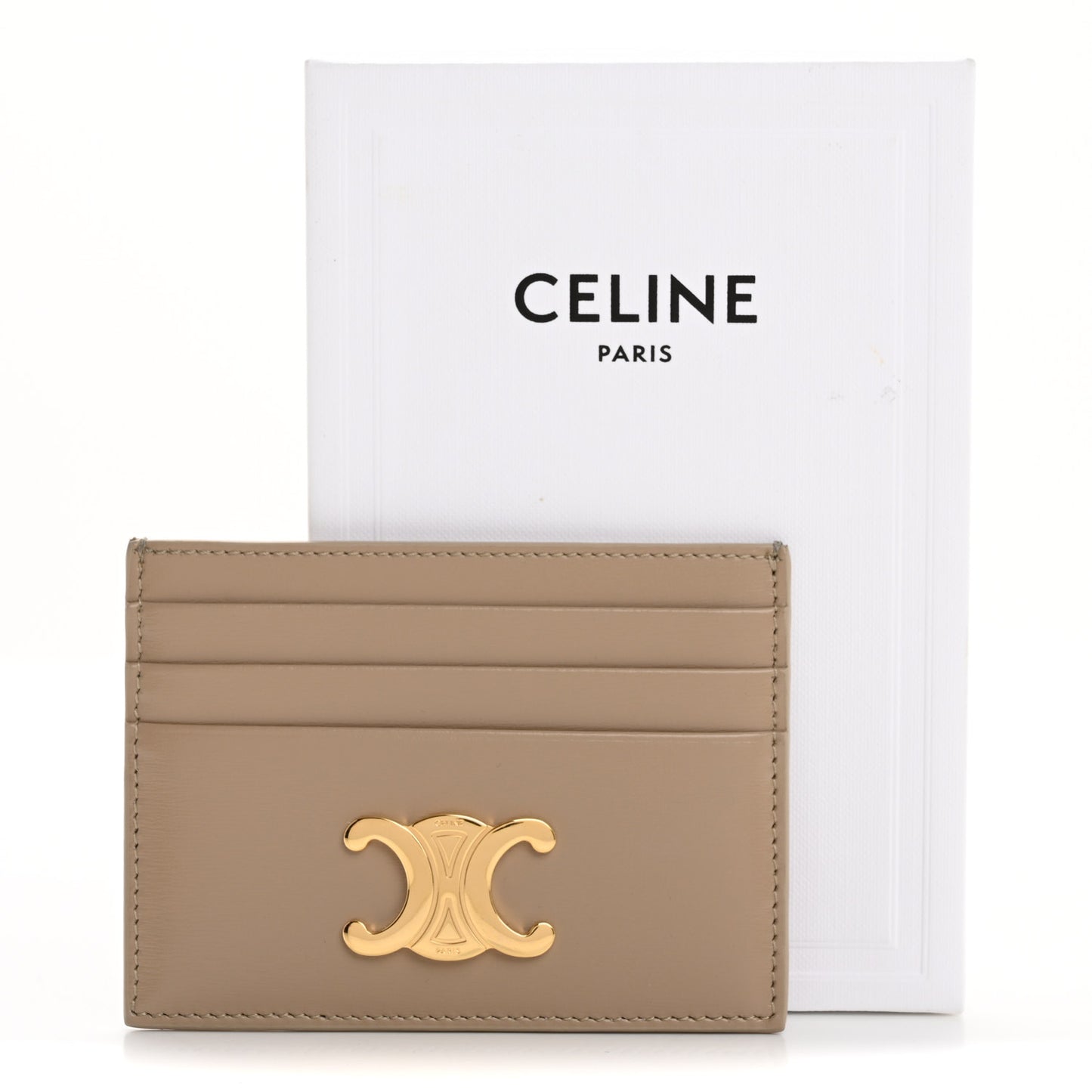 Shiny Calfskin Triomphe Card Holder Taupe
