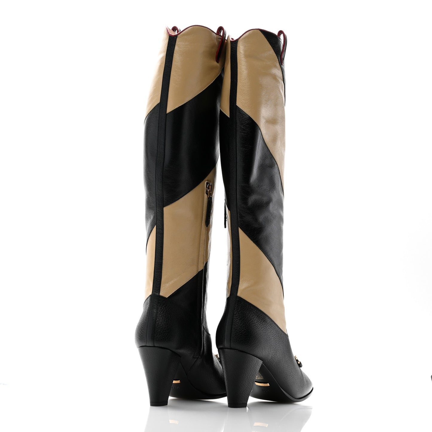 Calfskin Wrinkled Kid Diagonal Striped Zumi Knee Boots 38.5 Black Beige Romantic Cherry