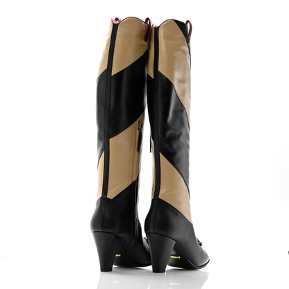 Gucci Calfskin Wrinkled Kid Diagonal Striped Zumi Knee Boots 38.5 Black Beige Romantic Cherry 4 of 11