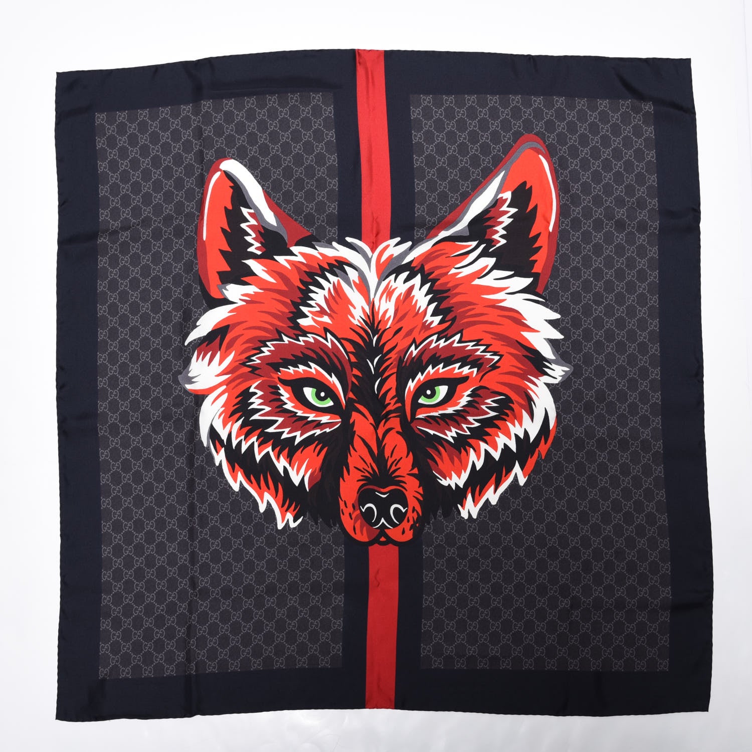 Gucci Silk GG Monogram Wolf GG Web Scarf Black Blue 1 of 5