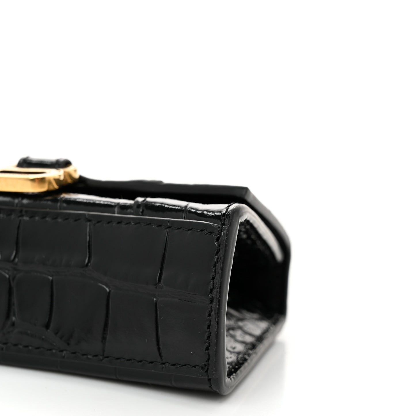 Shiny Calfskin Crocodile Embossed Hourglass Top Handle Bag Mini with Chain Black