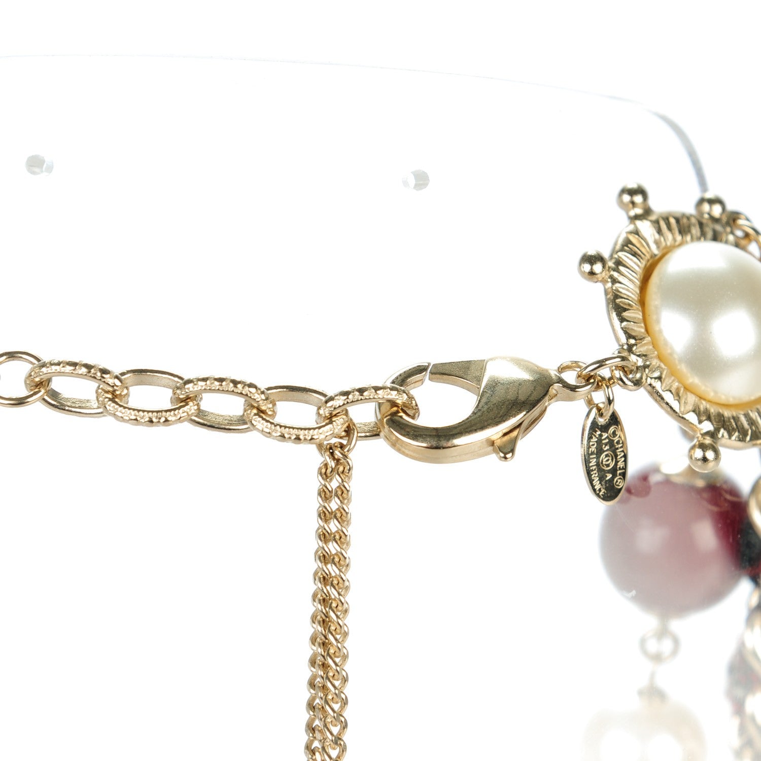 Chanel Tweed Pearl CC Beaded Necklace Red Gold 4 of 6
