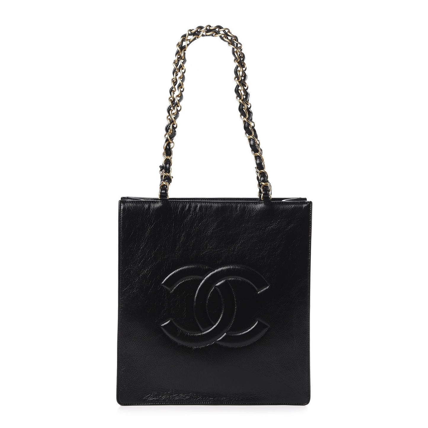Shiny Aged Calfskin North South Shopping Bag Black