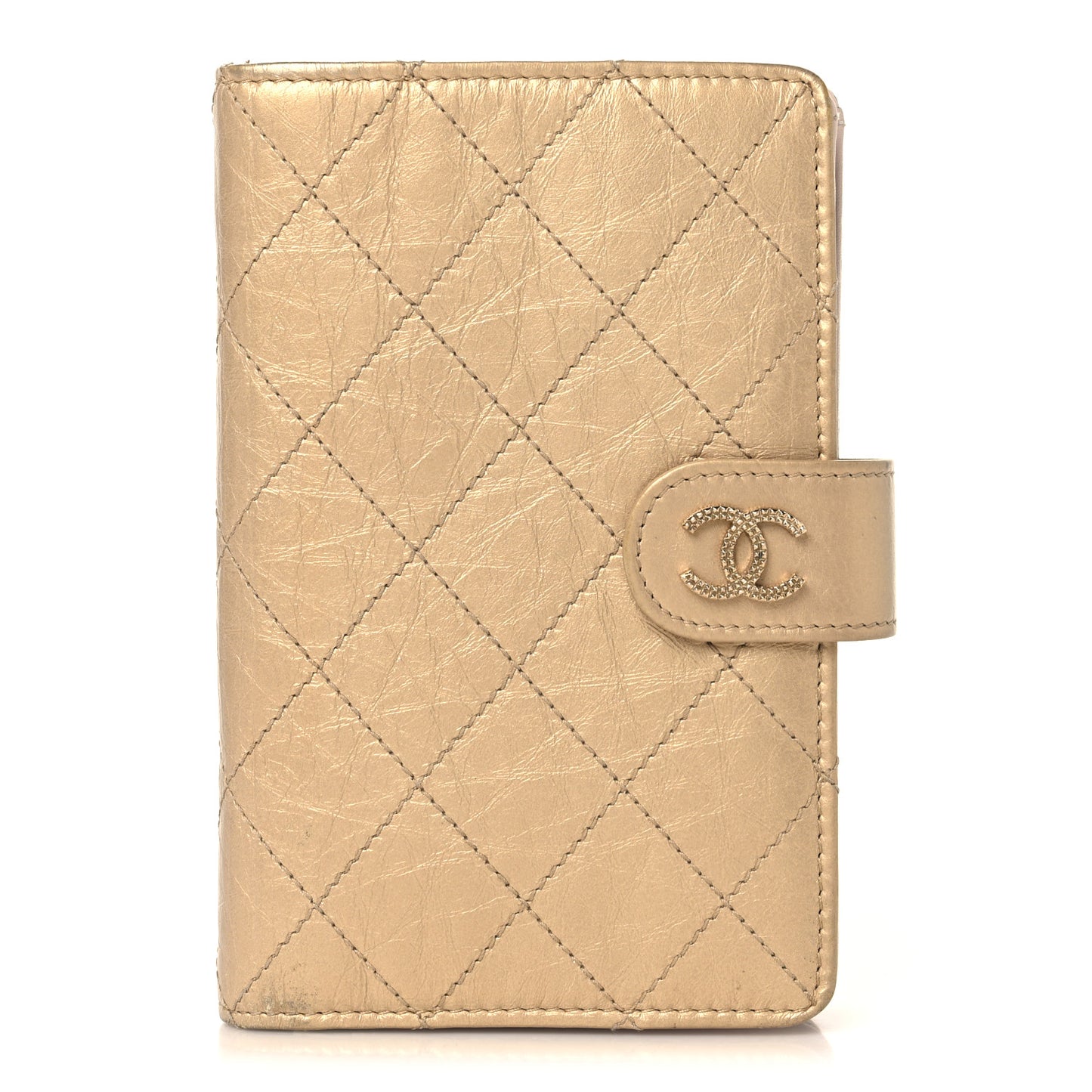 Metallic Calfskin Quilted Brilliant Zipped Pocket Wallet Gold