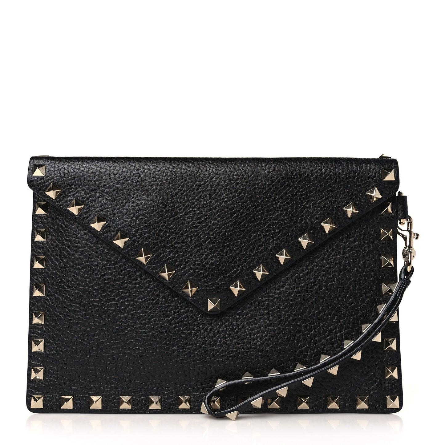 Pebbled Calfskin Rockstud Envelope Flat Wristlet Pouch Black