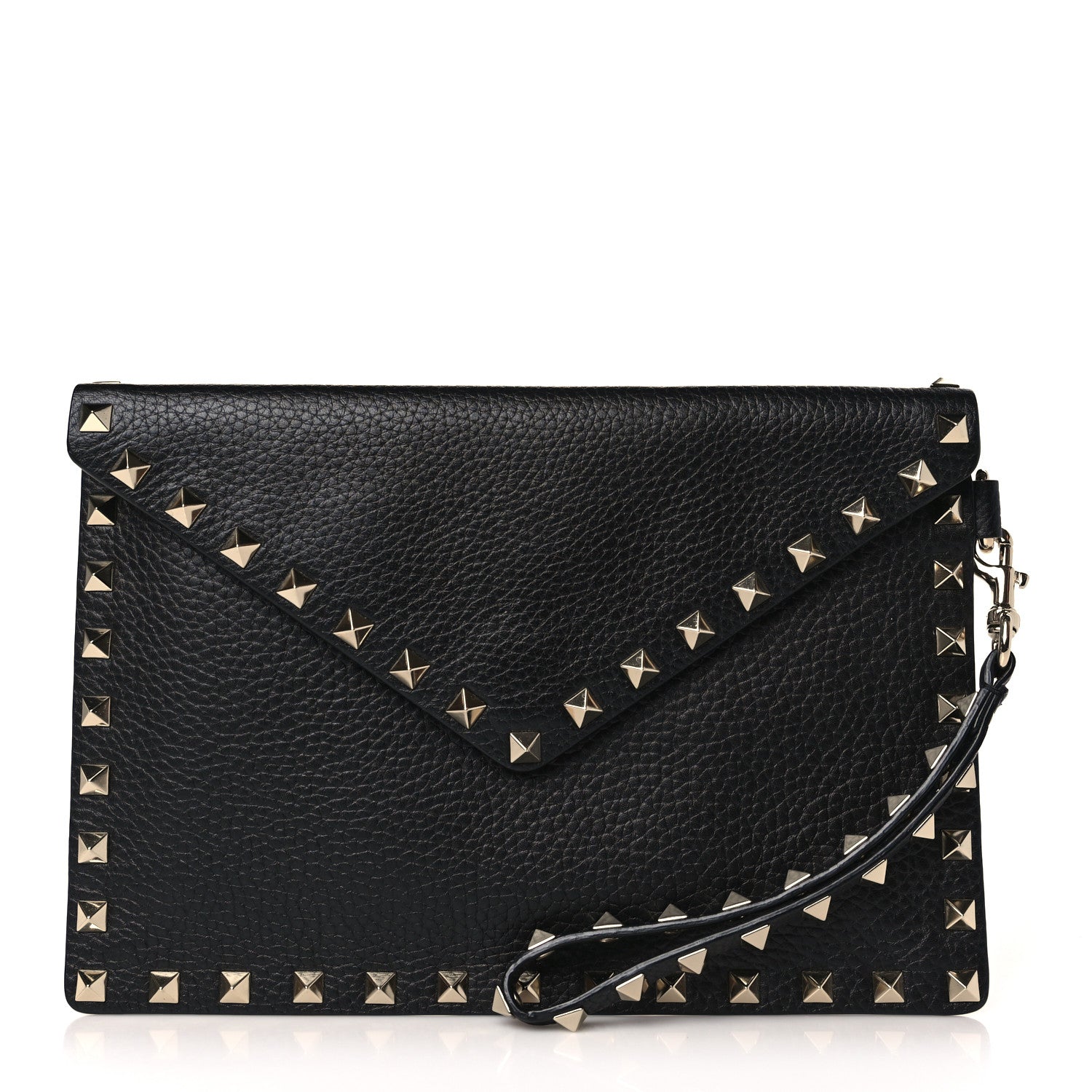 Valentino Garavani Pebbled Calfskin Rockstud Envelope Flat Wristlet Pouch Black 1 of 7