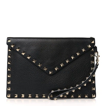 Valentino Garavani Pebbled Calfskin Rockstud Envelope Flat Wristlet Pouch Black 1 of 7