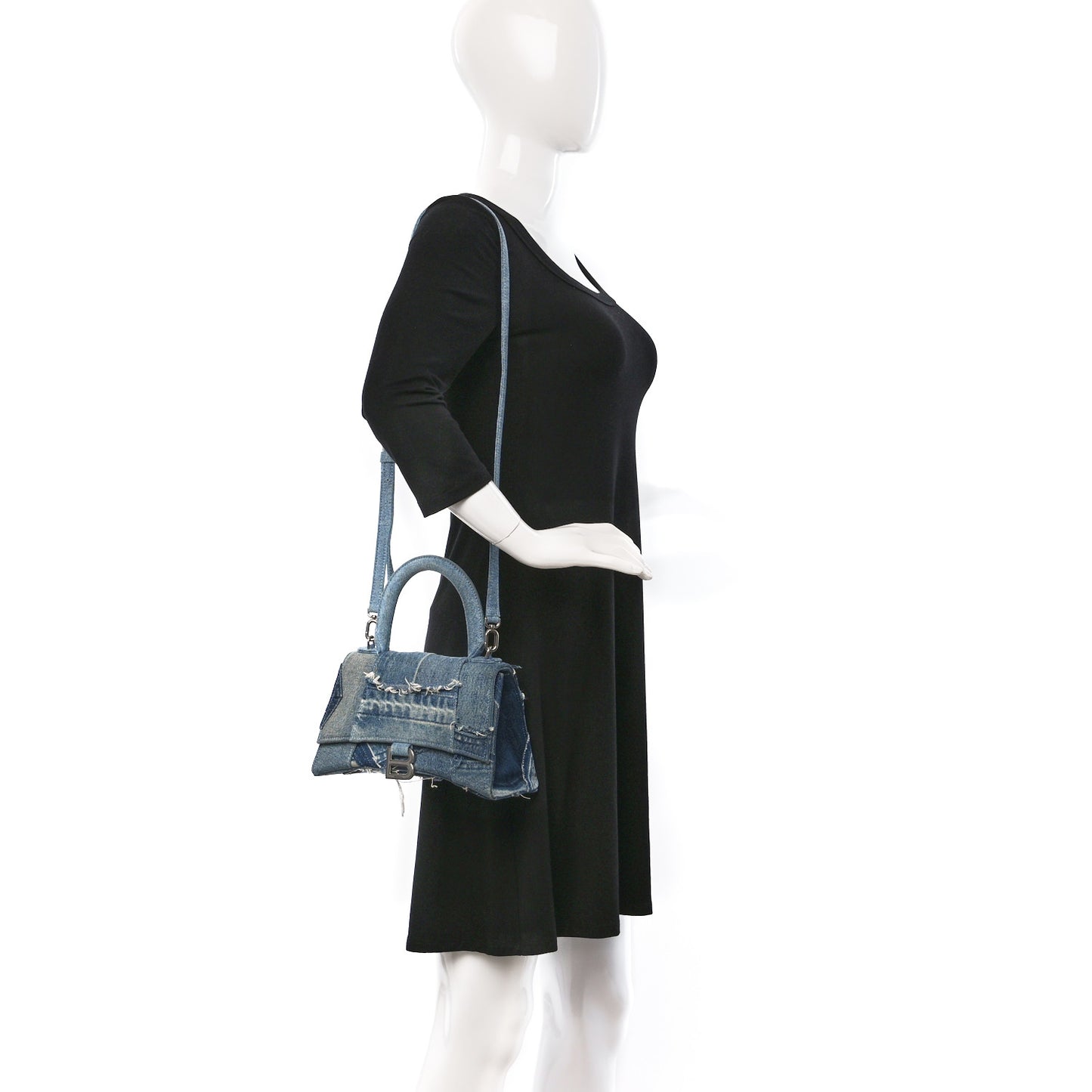 Denim Patchwork Small Hourglass Top Handle Bag Washed Blue