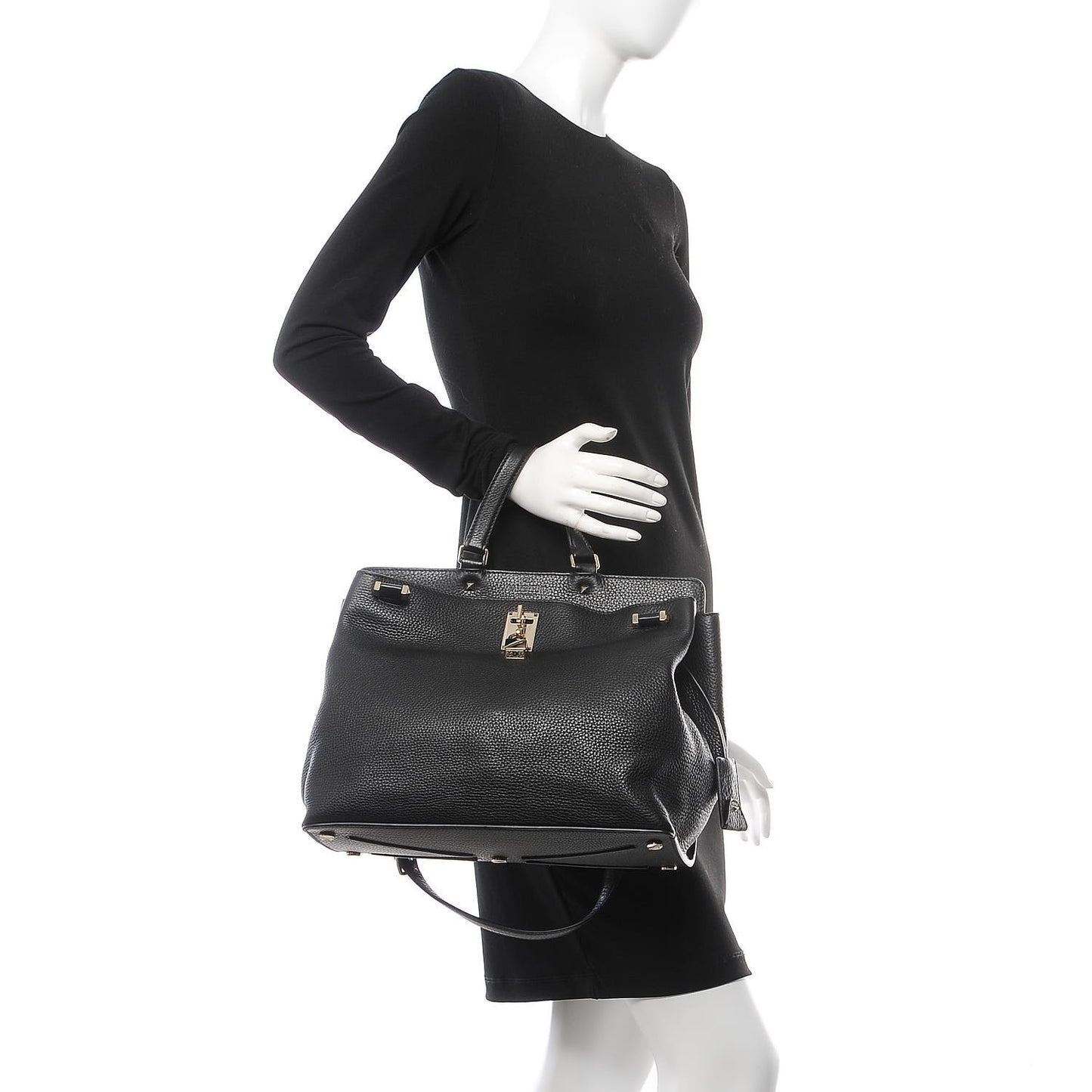 Pebbled Calfskin Large JoyLock Satchel Black