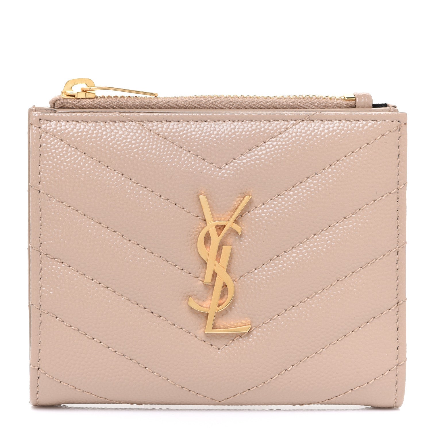 Saint Laurent Grain De Poudre Matelasse Chevron Monogram Zipped Card Case Dark Beige 1 of 8