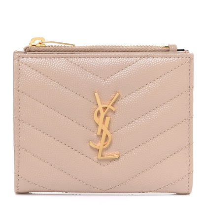 Saint Laurent Grain De Poudre Matelasse Chevron Monogram Zipped Card Case Dark Beige 1 of 8