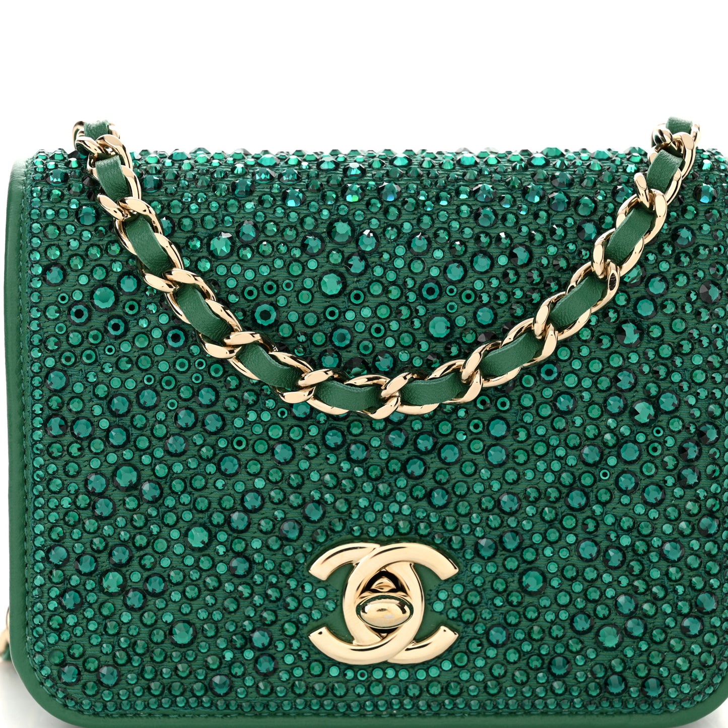 Lambskin Crystal Diamante Clutch With Chain Green