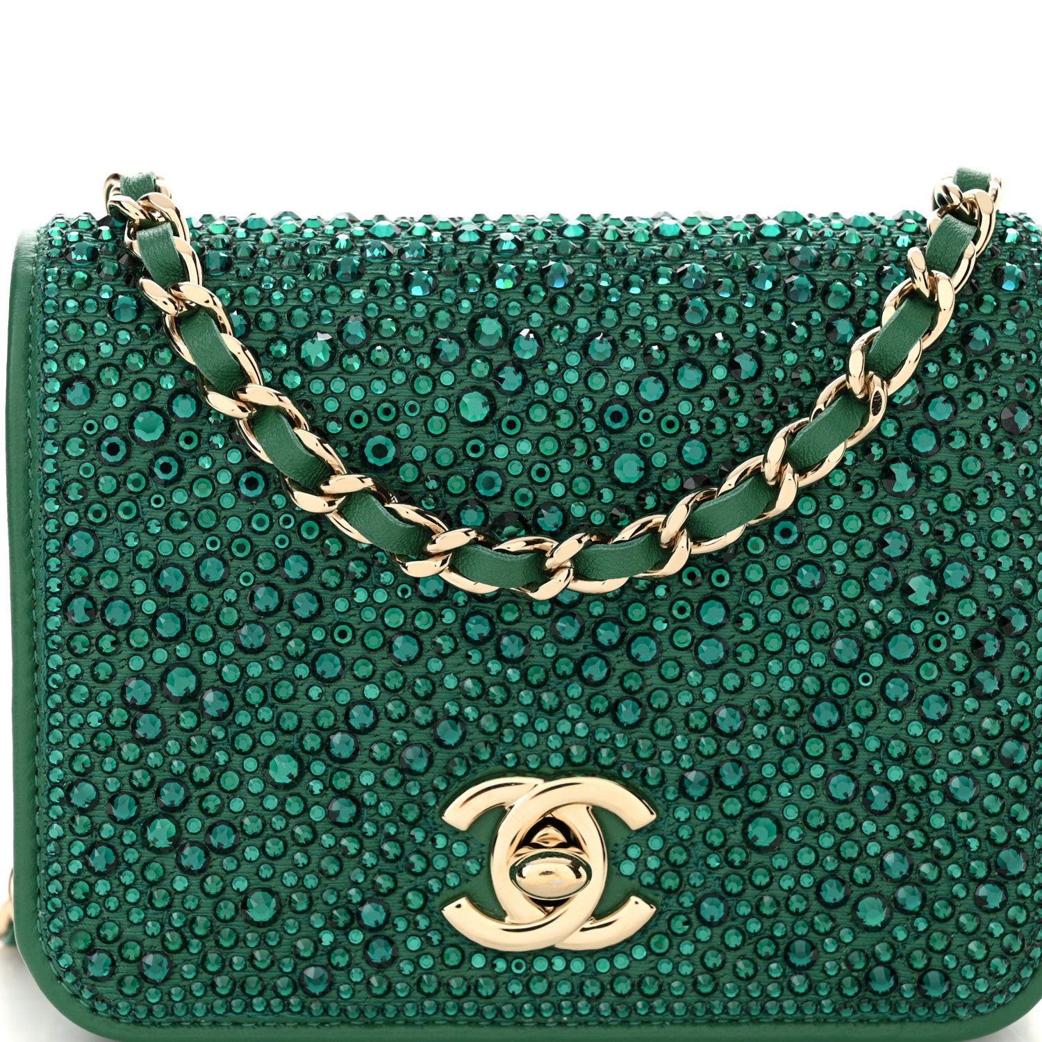 Chanel Lambskin Crystal Diamante Clutch With Chain Green 9 of 11