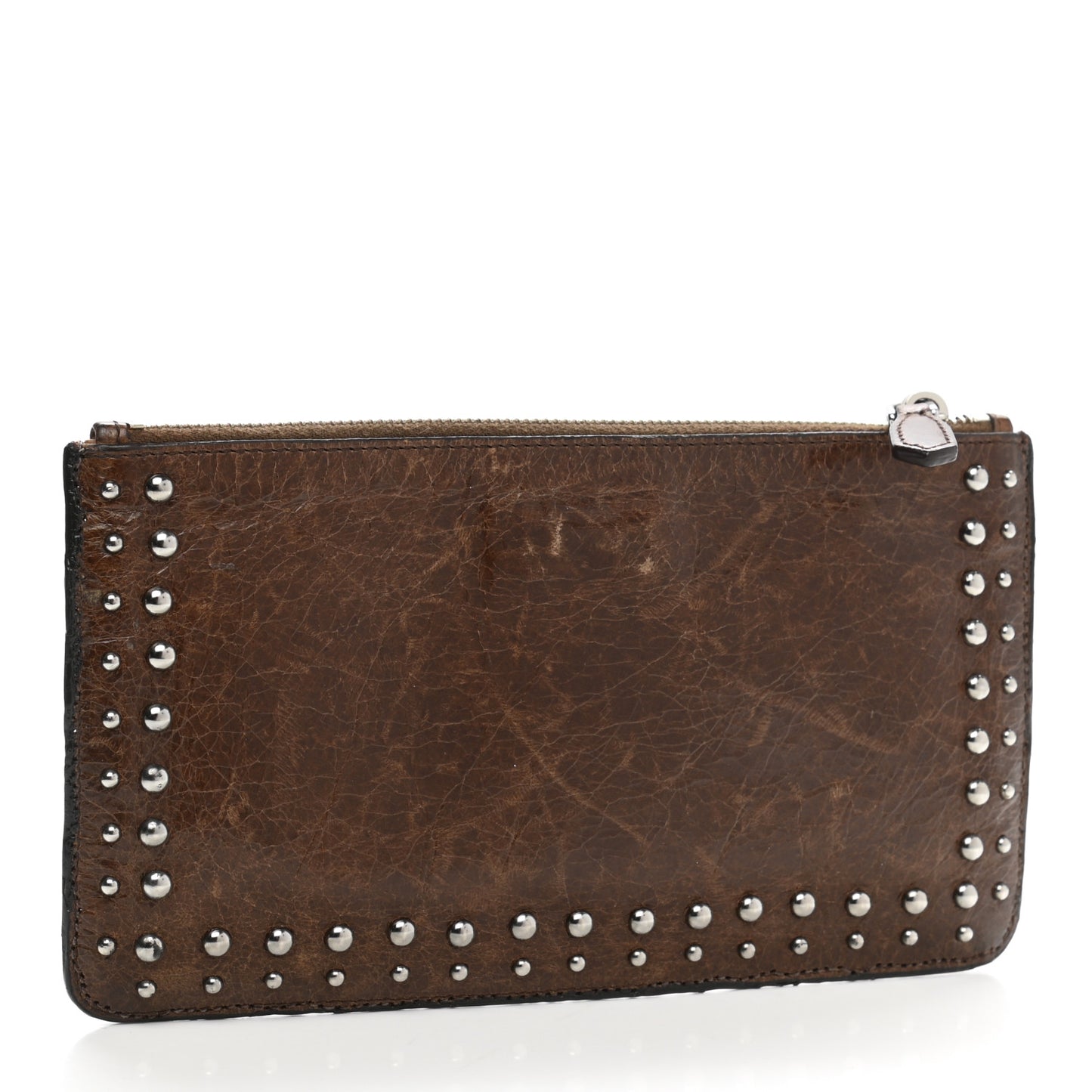 Aged Calfskin Studded Zip Clutch Brown