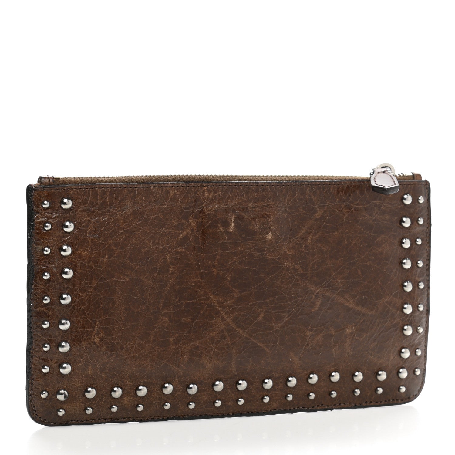 Prada Aged Calfskin Studded Zip Clutch Brown 3 of 11
