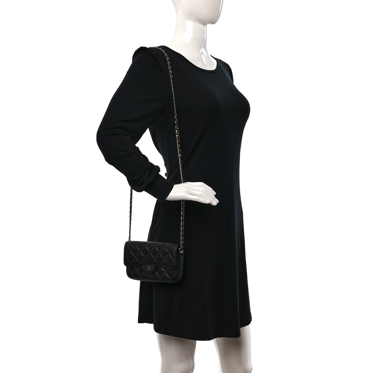 Caviar Quilted Flap Phone Holder With Chain Black