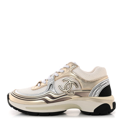 Chanel Fabric Laminated Calfskin Stretch CC Sneakers 36 White Gold Silver 1 of 8