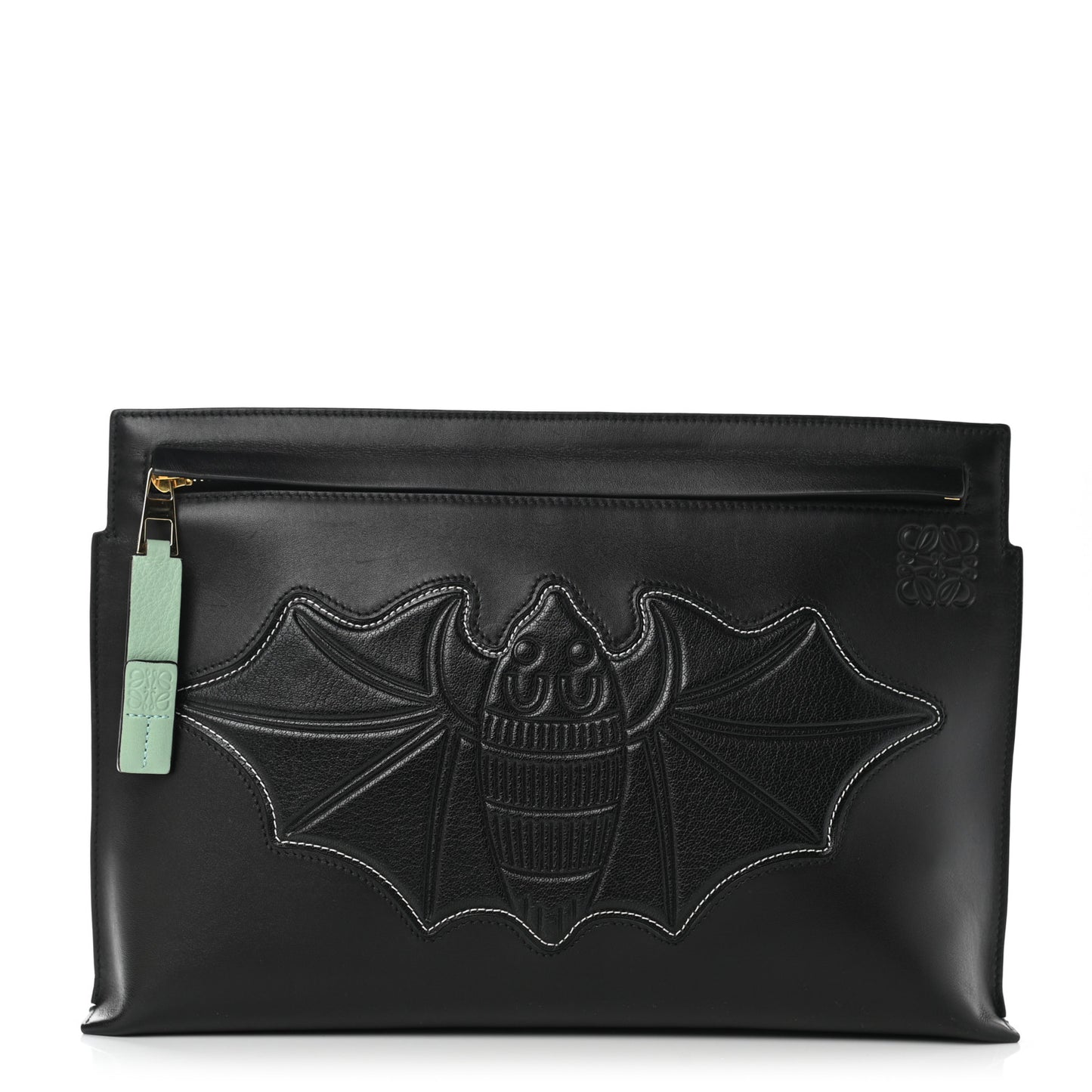 Calfskin Embroidered Bat T Pouch Black