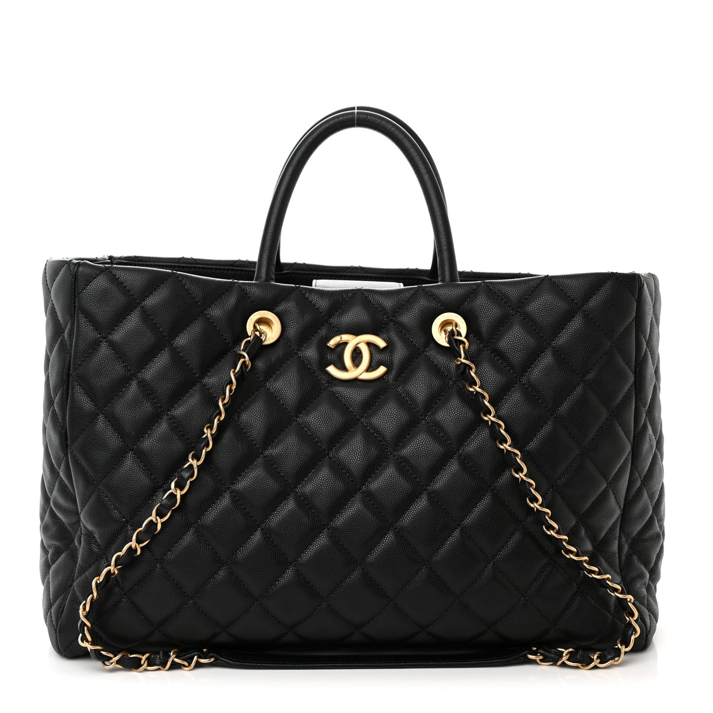 Caviar Quilted Large Coco Handle Shopping Tote Black