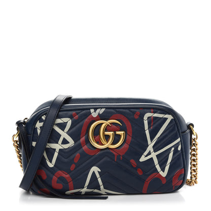 Gucci Calfskin Matelasse GucciGhost Small GG Marmont Chain Shoulder Bag Blue Agata Hibiscus Red 1 of 9