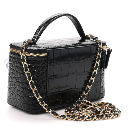Chanel Calfskin Crocodile Embossed Crococo Small Top Handle Vanity Case With Chain Black 3 of 12