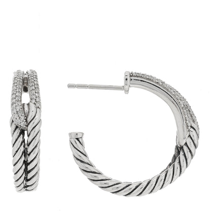 David Yurman Sterling Silver Diamond Single Loop Labyrinth Hoop Earrings 1 of 4