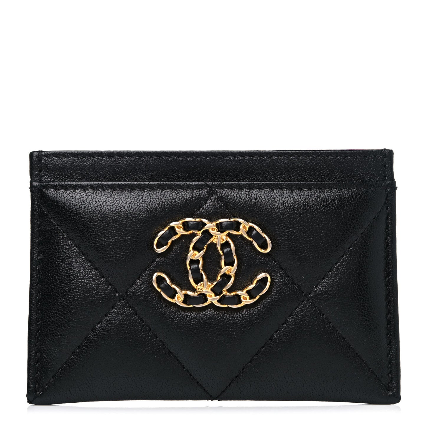 Shiny Goatskin Quilted Chanel 19 Card Holder Black