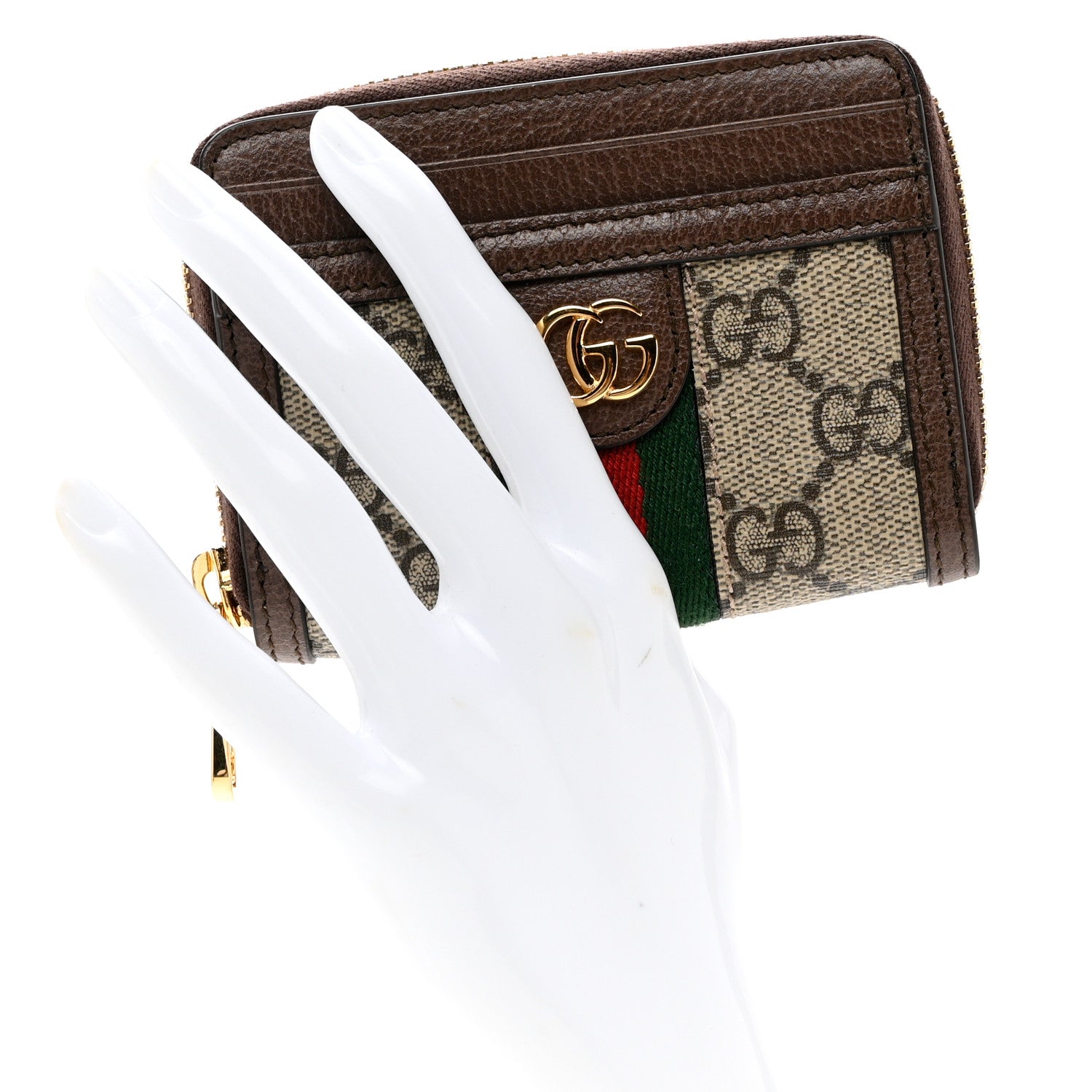 Gucci GG Supreme Monogram Textured Dollar Calfskin Web Ophidia Zip Around Card Case Wallet Beige Ebony New Acero 2 of 8