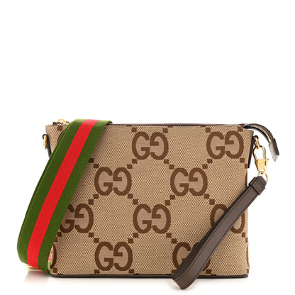 Gucci Monogram Jumbo GG Textured Dollar Calfskin Web Wristlet Messenger Bag Camel Ebony New Acero 1 of 11