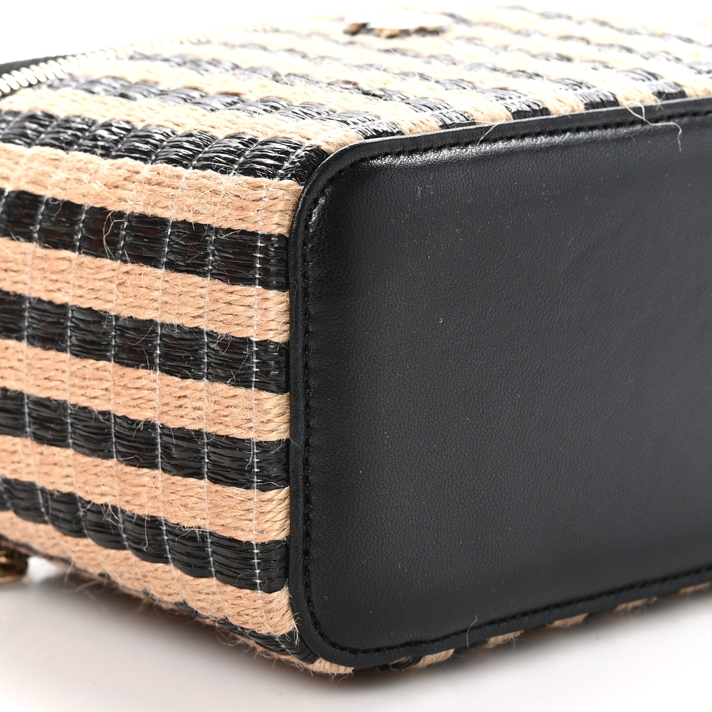 Raffia Jute Striped Small Vanity Case With Chain Black Beige